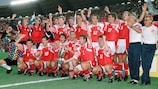 Игроки сборной Дании празднуют победу в 1992 году