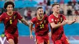 Thorgan Hazard celebrates his winner for Belgium against Portugal in the UEFA EURO 2020 round of 16