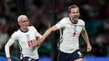 L'esultanza di Harry Kane per il gol della vittoria dell'Inghilterra contro la Danimarca a EURO 2020