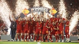 Jordi Alba of Spain lifts the UEFA Nations League trophy after beating Croatia in the UEFA Nations League 2022/23 final.