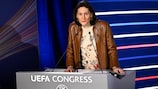 La ministre française des Sports, Amélie Oudéa-Castéra, lors du Congrès de l’UEFA à Paris.