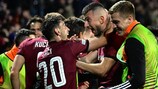 Sparta Praha's players celebrate during the UEFA Europa league knockout round play-off second leg football match between AC Sparta Praha (Prague) and Galatasaray SK in Prague on February 22, 2024. (Photo by Michal Cizek / AFP) (Photo by MICHAL CIZEK/AFP via Getty Images)