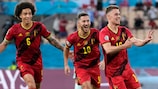 L'esultanza di Thorgan Hazard per il gol della vittoria del Belgio contro il Portogallo agli ottavi di UEFA EURO 2020