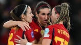 Mariona Caldentey (centre) of Spain celebrates with Athenea de Castillo (right) and Aitana Bonmati (left) after scoring