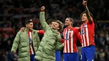 Atletico Madrid's players celebrate victory at the end of the UEFA Champions League last 16 second leg football match between Club Atletico de Madrid and Inter Milan at the Metropolitano stadium in Madrid on March 13, 2024. (Photo by JAVIER SORIANO / AFP) (Photo by JAVIER SORIANO/AFP via Getty Images)