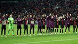 LEVERKUSEN, GERMANY - MARCH 14: Players of Bayer Leverkusen applaud the fans following the team's victory during the UEFA Europa League 2023/24 round of 16 second leg match between Bayer 04 Leverkusen and Qarabag FK at BayArena on March 14, 2024 in Leverkusen, Germany. (Photo by Alex Grimm/Getty Images)