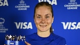 AMSTERDAM, NETHERLANDS - MARCH 19: Sjoeke Nuesken of Chelsea poses for a photo with the Player of the Match trophy following victory in the UEFA Women's Champions League 2023/24 Quarter Final Leg One match between AFC Ajax and Chelsea FC at Johan Cruijff Arena on March 19, 2024 in Amsterdam, Netherlands. (Photo by Alexander Scheuber - UEFA/UEFA via Getty Images)