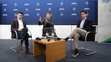 Julen Lopetegui (centre) and Aitor Karanka on stage during the UEFA Youth League Coaching Forum