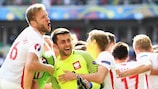 Poland celebrate their round of 16 penalty shoot-out success against Switzerland at EURO 2016