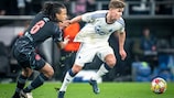 Manchester City's DutNathan Ake and FC Copenhagen's  Elias Jelert vie for the ball 