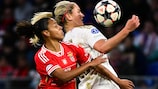 Lyon's Lindsey Horan vies with Benfica's Canadian winger Marie Alidou