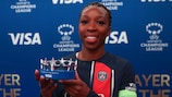 PARIS, FRANCE - MARCH 28: Grace Geyoro of Paris Saint-Germain poses for a photo with the VISA Player Of The Match award after the UEFA Women's Champions League 2023/24 Quarter Final Leg Two match between Paris Saint-Germain and BK Hacken at Parc des Princes on March 28, 2024 in Paris, France. (Photo by Dean Mouhtaropoulos - UEFA/UEFA via Getty Images)