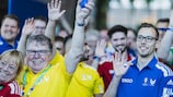  Bénévoles lors de l’événement « J-365 » de l’UEFA EURO 2024, au musée allemand du football, le 14 juin 2023 à Dortmund, en Allemagne. 