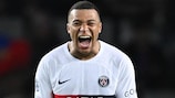 Kylian Mbappé celebrates after his eighth of the campaign helped Paris into the last four