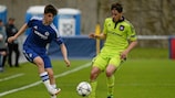 Mason Mount of Chelsea and Samy Bourard of Anderlecht during their UEFA Youth League semi-final.