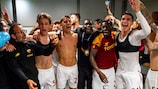A Roma festeja no balneário depois de ter eliminado o Leverkusen nas meias-finais da época passada
