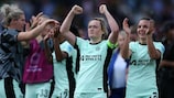 Erin Cuthbert (centre) celebrates Chelsea's victory at Barcelona