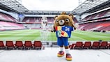 EURO 2024 mascot Albärt with the Henri Delaunay trophy in Cologne