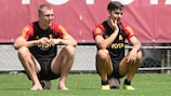 Roma pair Rasmus Kristensen and Paulo Dybala have a breather in training ahead of the first leg