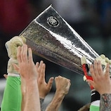 Chelsea players celebrate with the trophy after the UEFA Europa League final football match between Chelsea FC and Arsenal FC at the Baku Olympic Stadium in Baku, Azerbaijian on May 29, 2019. (Photo by Alexander NEMENOV / AFP)        (Photo credit should read ALEXANDER NEMENOV/AFP/Getty Images)